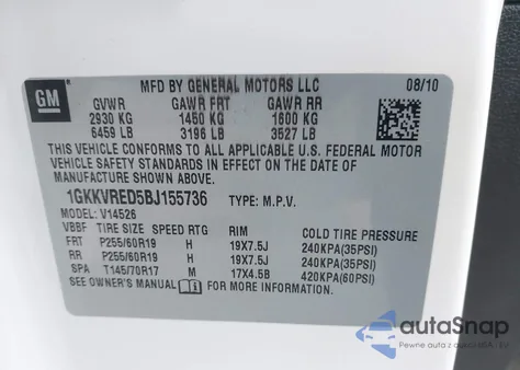 2011 GMC Acadia Slt-1 from USA, damaged, VIN 1GKKVRED5BJ155736